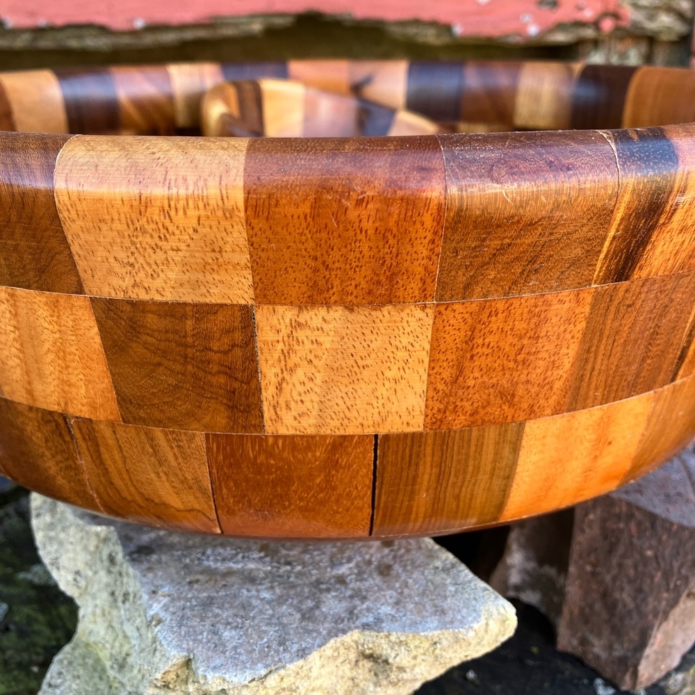 Vintage MCM Checkerboard Multicolor Wooden Serving Bowl Set 1960s Bohemian Salad - Picture 12 of 16